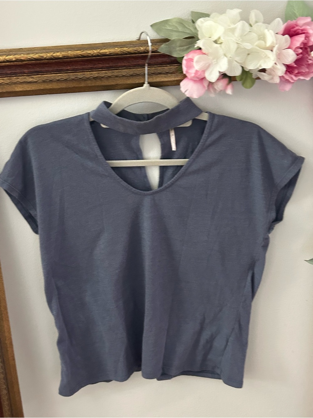 Cotton Choker Neck Short Sleeve Top - Slate Blue